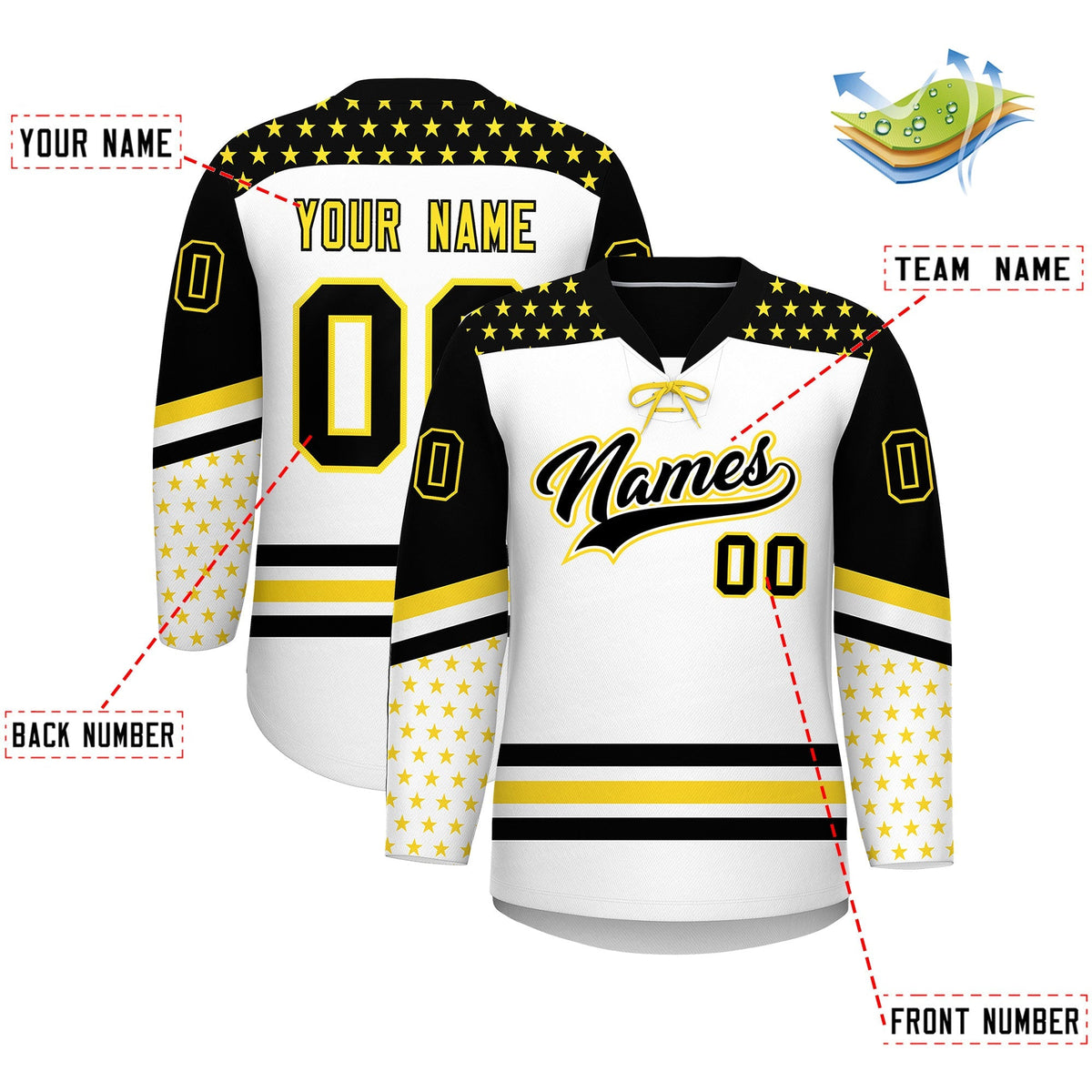 Custom White Black Gold Star Series Personalization Lace-Up Neck Hockey Jersey| KXKSHOP