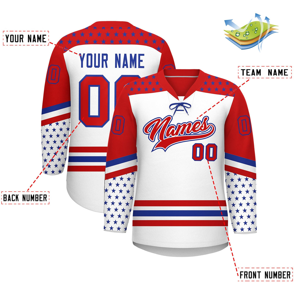 Custom White Red Royal Blue Star Series Personalization Lace-Up Neck Hockey Jersey| KXKSHOP