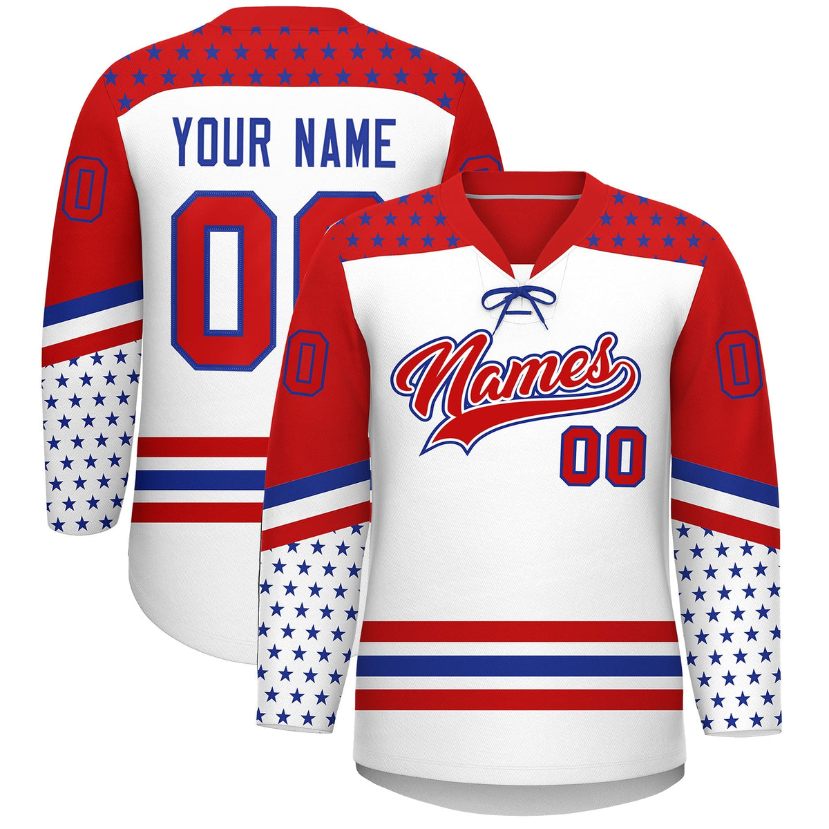Custom White Red Royal Blue Star Series Personalization Lace-Up Neck Hockey Jersey| KXKSHOP