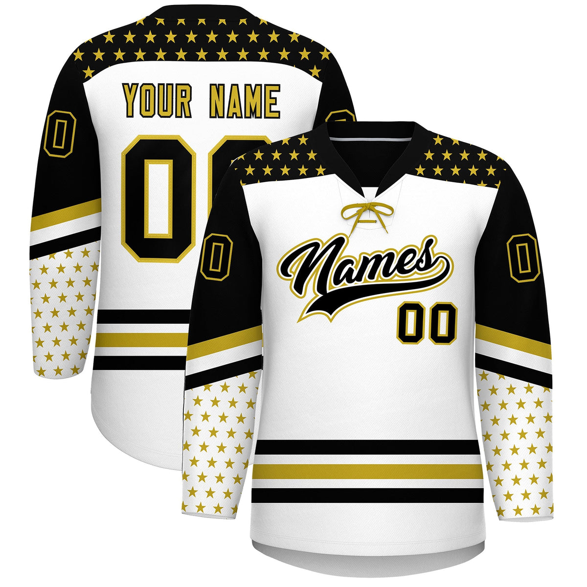 Custom White Black Old Gold Star Series Personalization Lace-Up Neck Hockey Jersey| KXKSHOP