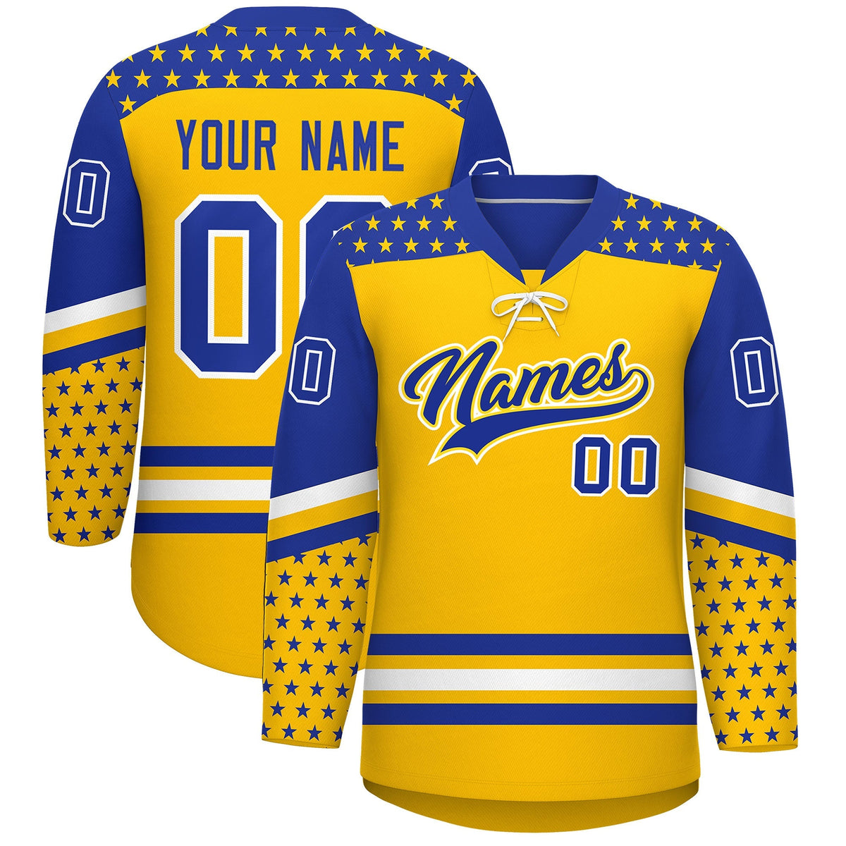 Custom Gold Royal Blue White Star Series Personalization Lace-Up Neck Hockey Jersey| KXKSHOP