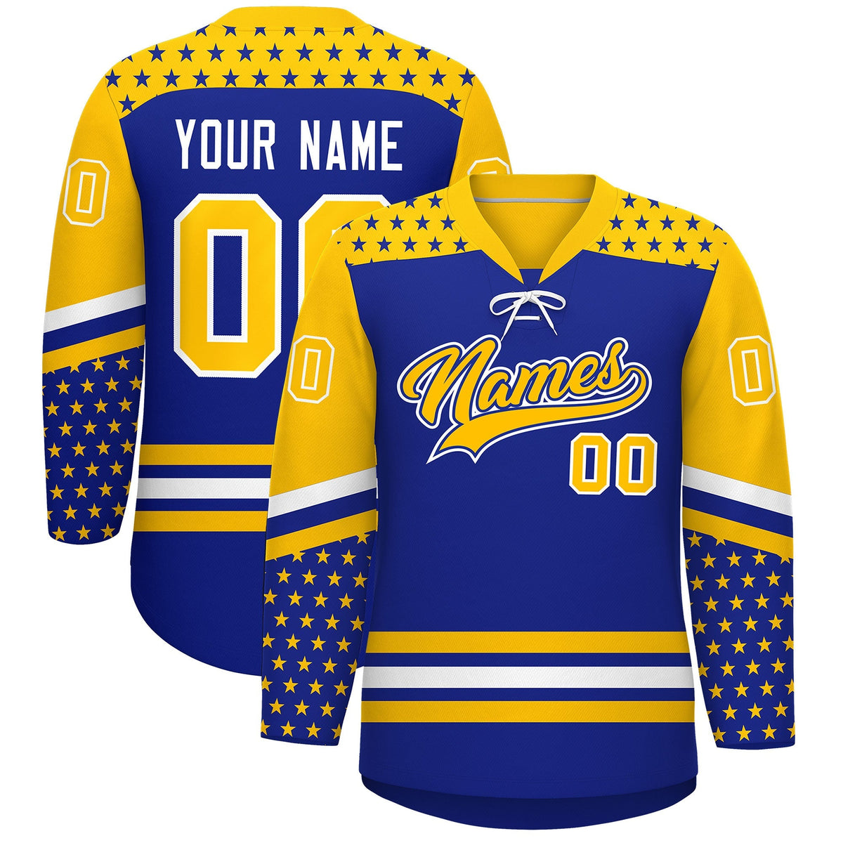 Custom Royal Blue Gold White Star Series Personalization Lace-Up Neck Hockey Jersey| KXKSHOP
