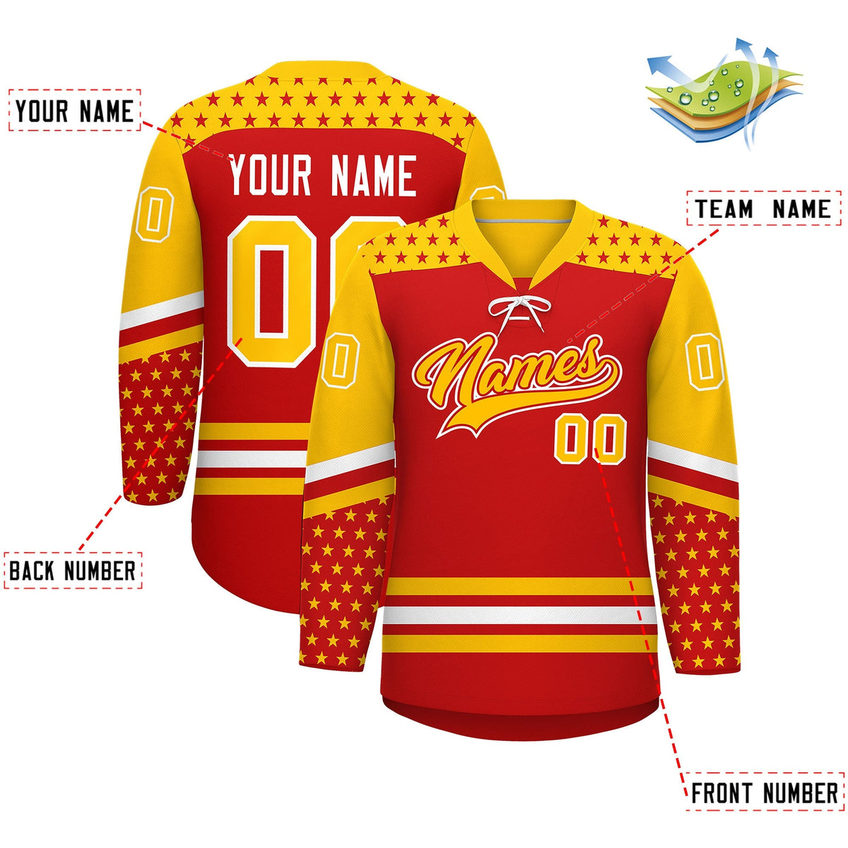 Custom Red Gold White Star Series Personalization Lace-Up Neck Hockey Jersey| KXKSHOP