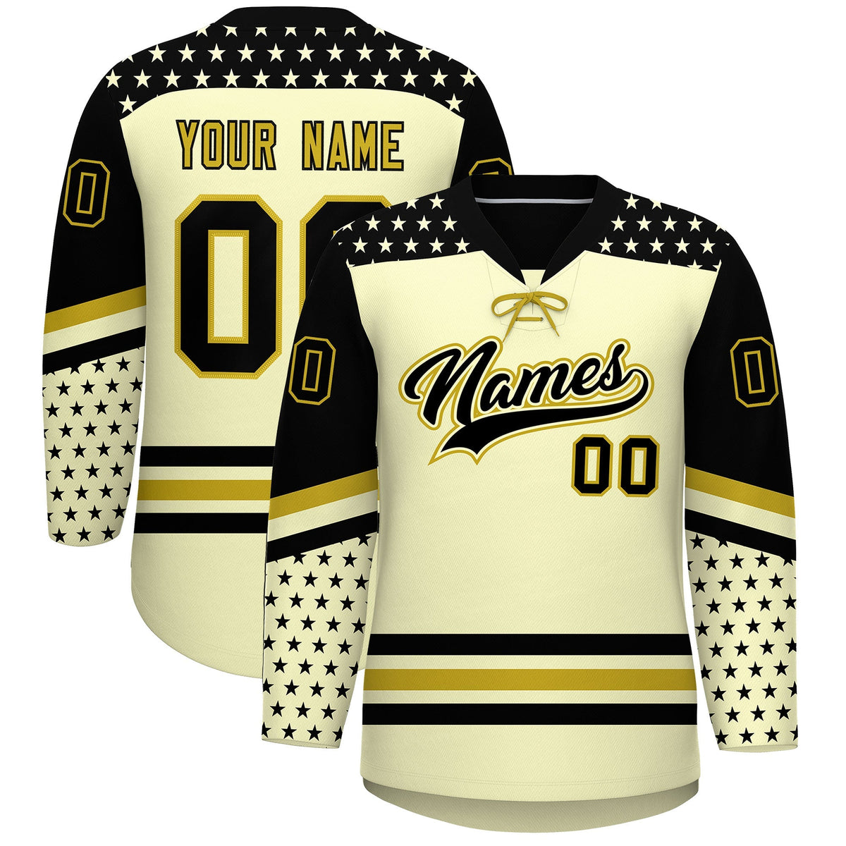 Custom Cream Black Old Gold Star Series Personalization Lace-Up Neck Hockey Jersey| KXKSHOP