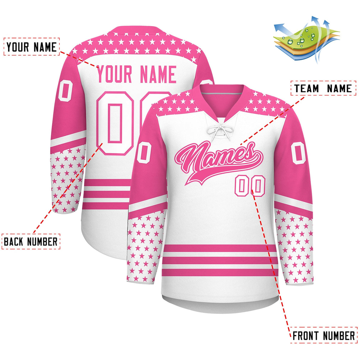 Custom White Pink Star Series Personalization Lace-Up Neck Hockey Jersey| KXKSHOP