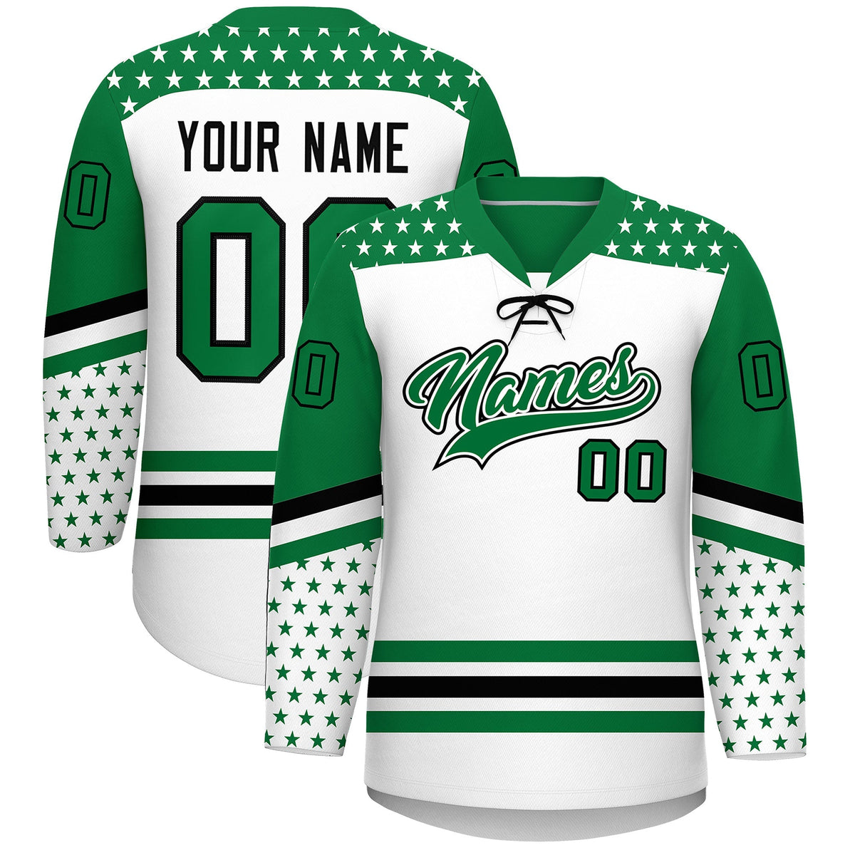 Custom White Kelly Green Black Star Series Personalization Lace-Up Neck Hockey Jersey| KXKSHOP