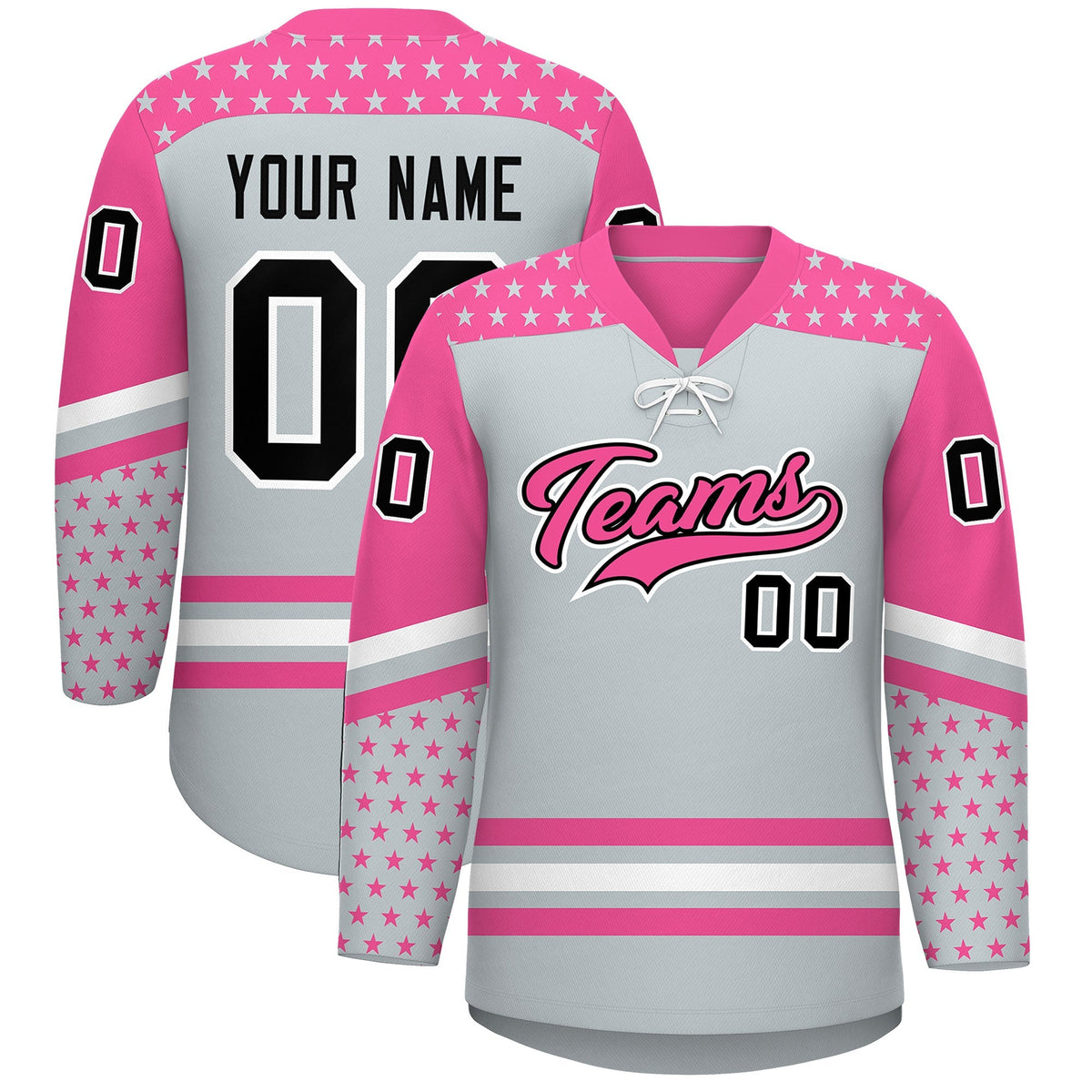 Custom Silver Pink White Star Series Personalization Lace-Up Neck Hockey Jersey| KXKSHOP