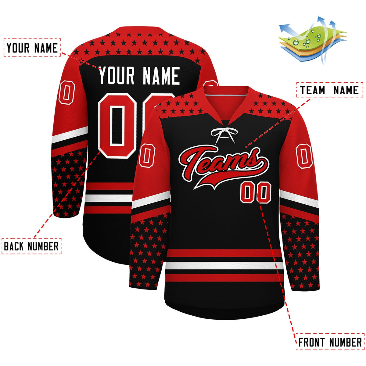 Custom Black Red White Star Series Personalization Lace-Up Neck Hockey Jersey| KXKSHOP