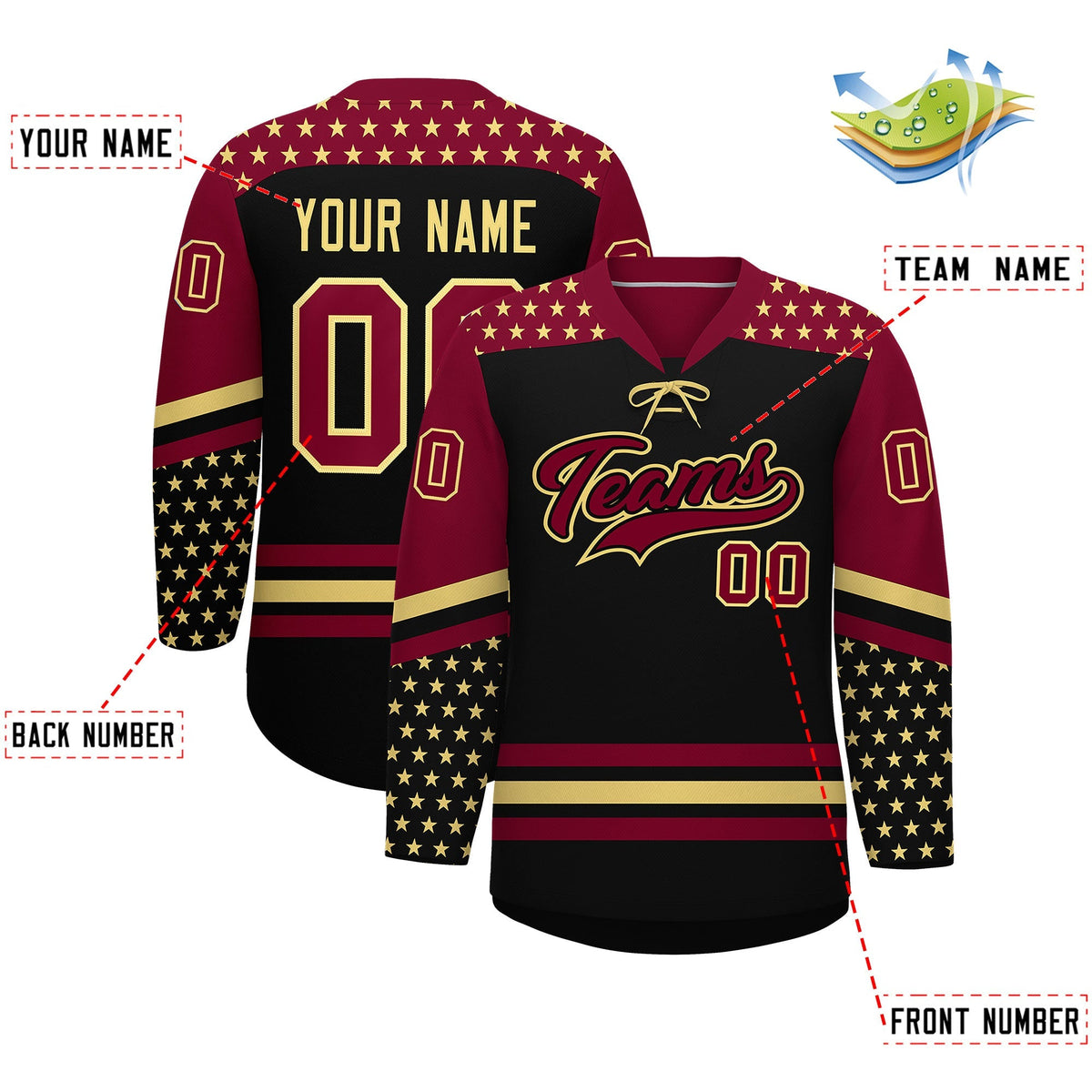 Custom Black Crimson Khaki Star Series Personalization Lace-Up Neck Hockey Jersey| KXKSHOP