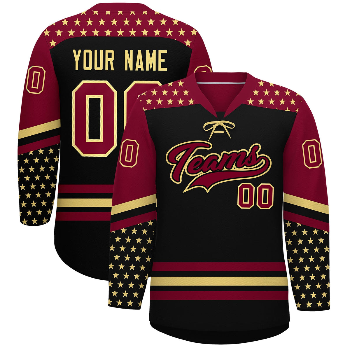 Custom Black Crimson Khaki Star Series Personalization Lace-Up Neck Hockey Jersey| KXKSHOP