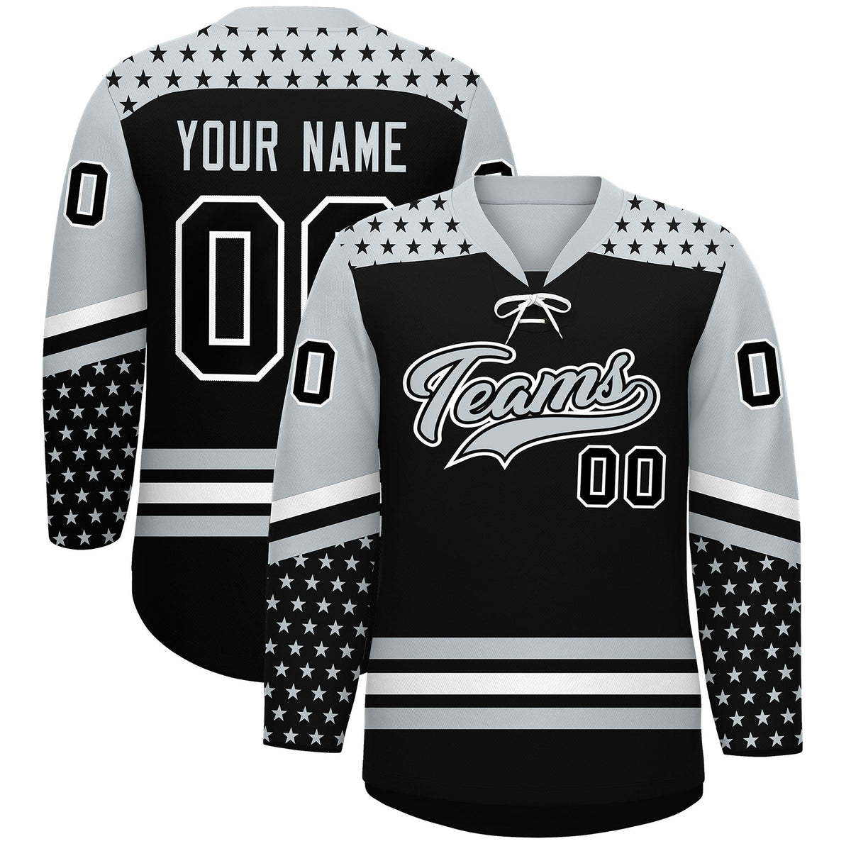 Custom Black Silver White Star Series Personalization Lace-Up Neck Hockey Jersey| KXKSHOP