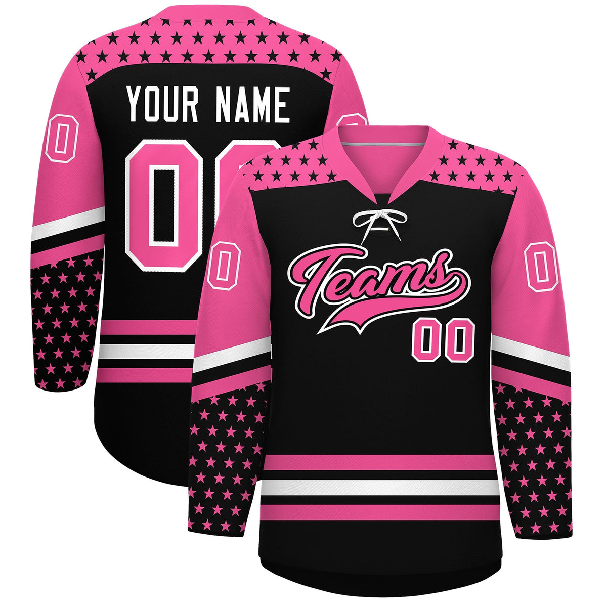 Custom Black Pink White Star Series Personalization Lace-Up Neck Hockey Jersey| KXKSHOP