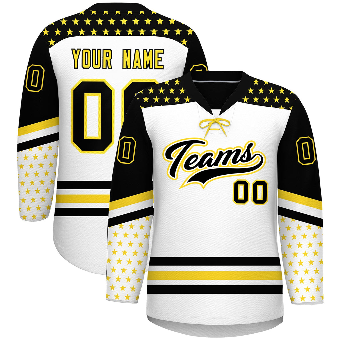 Custom White Black Gold Star Series Personalization Lace-Up Neck Hockey Jersey| KXKSHOP