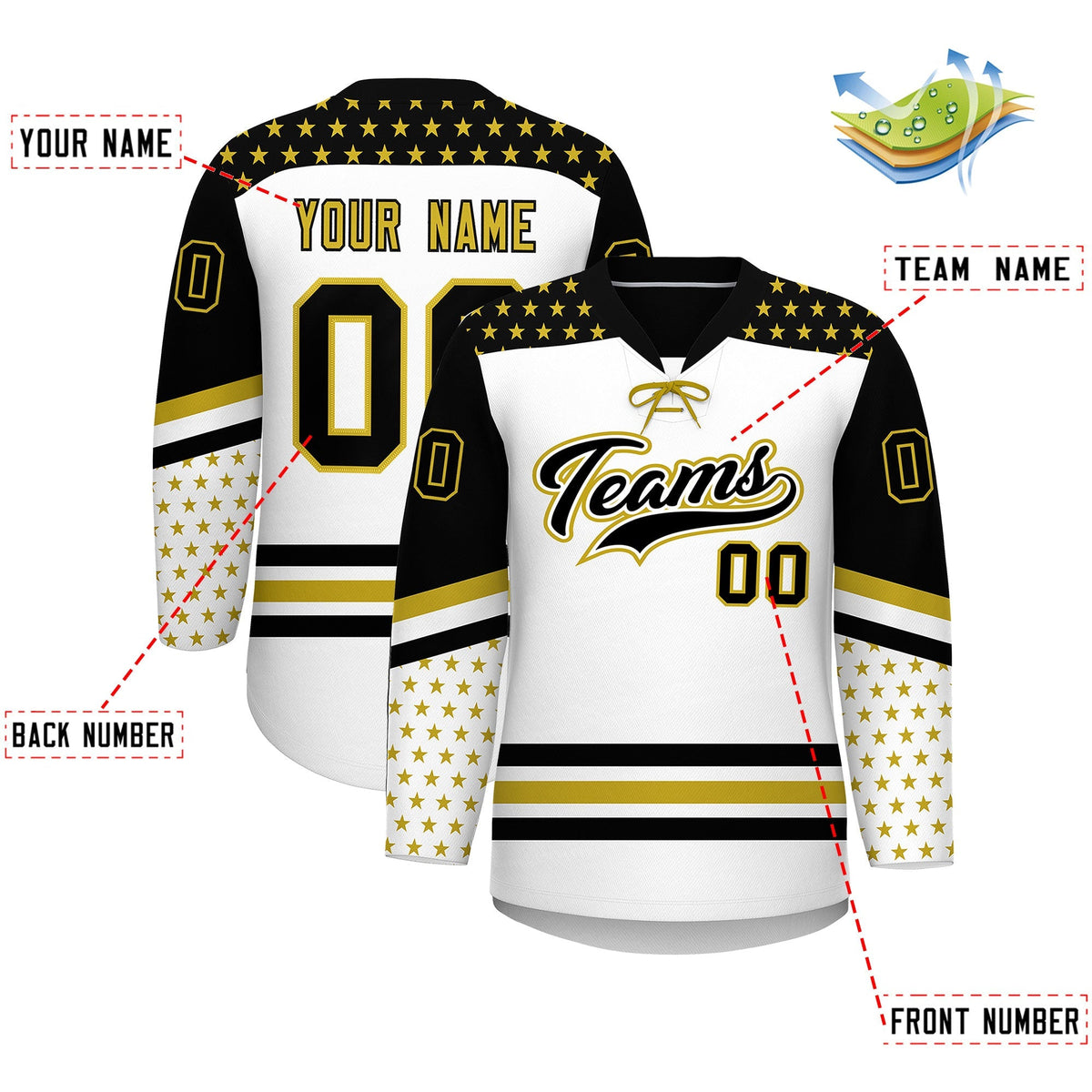 Custom White Black Old Gold Star Series Personalization Lace-Up Neck Hockey Jersey| KXKSHOP