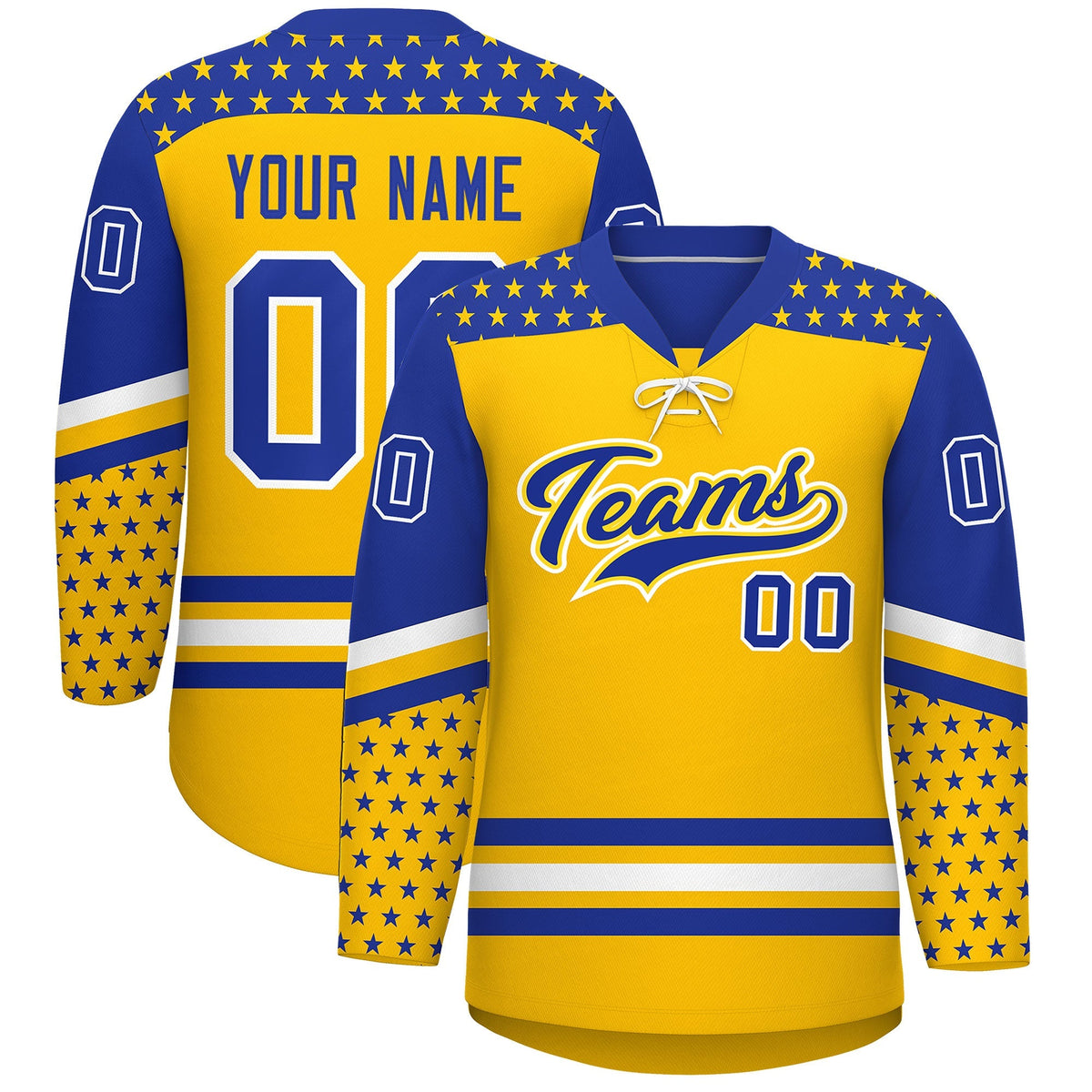 Custom Gold Royal Blue White Star Series Personalization Lace-Up Neck Hockey Jersey| KXKSHOP