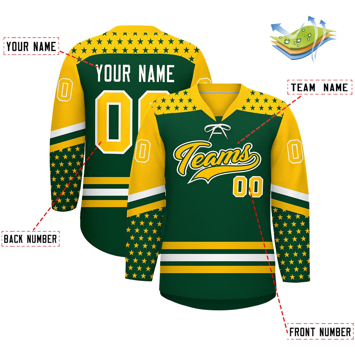 Custom Green Gold White Star Series Personalization Lace-Up Neck Hockey Jersey| KXKSHOP