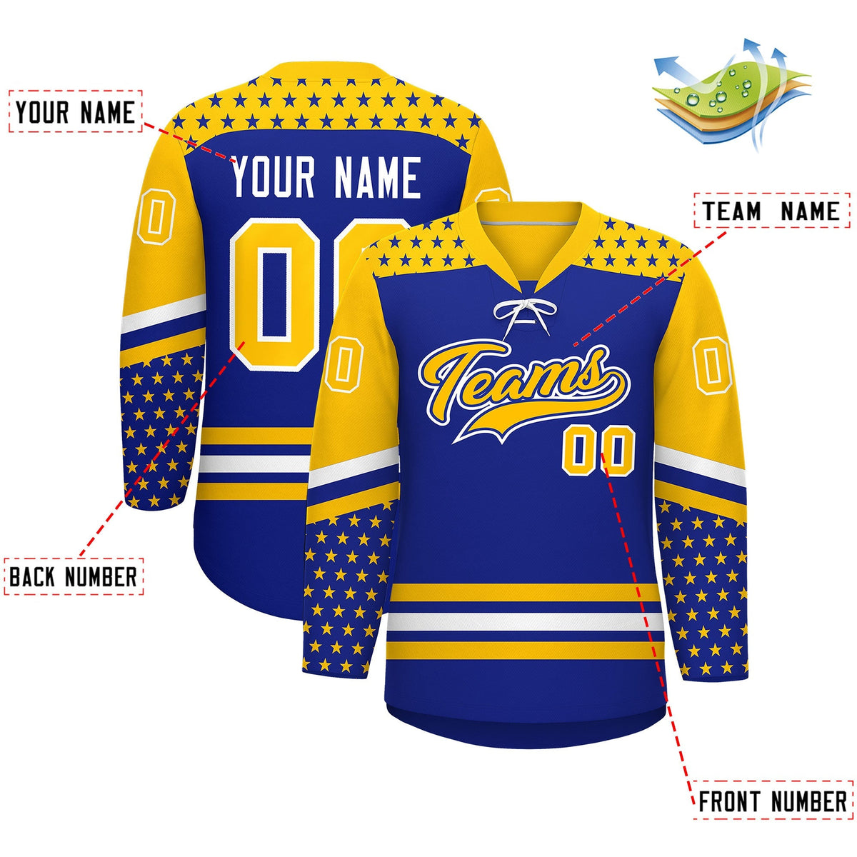 Custom Royal Blue Gold White Star Series Personalization Lace-Up Neck Hockey Jersey| KXKSHOP