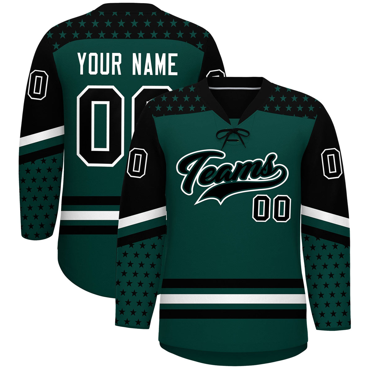 Custom Midnight Green Black White Star Series Personalization Lace-Up Neck Hockey Jersey| KXKSHOP