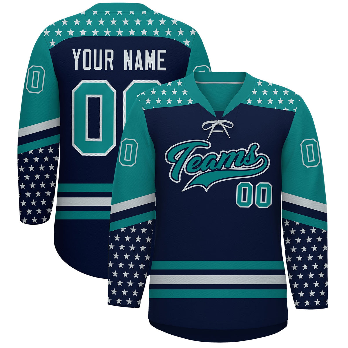 Custom Navy Teal Silver Star Series Personalization Lace-Up Neck Hockey Jersey| KXKSHOP