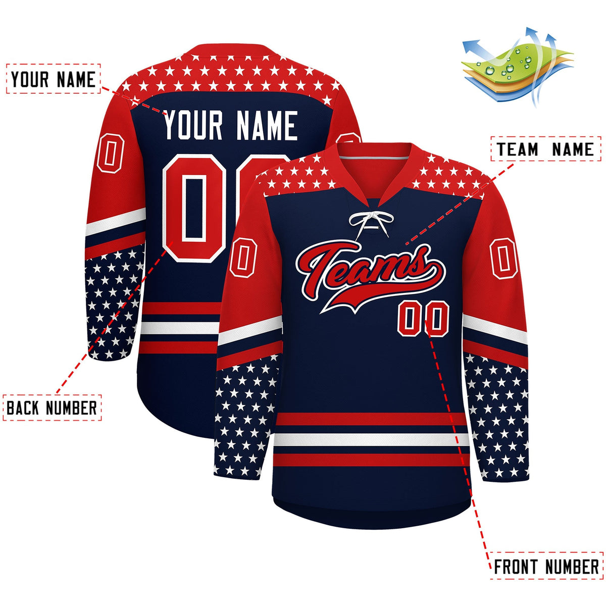 Custom Navy Red White Star Series Personalization Lace-Up Neck Hockey Jersey| KXKSHOP