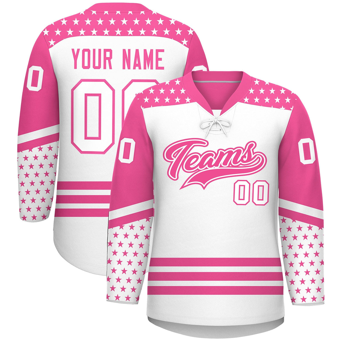 Custom White Pink Star Series Personalization Lace-Up Neck Hockey Jersey| KXKSHOP