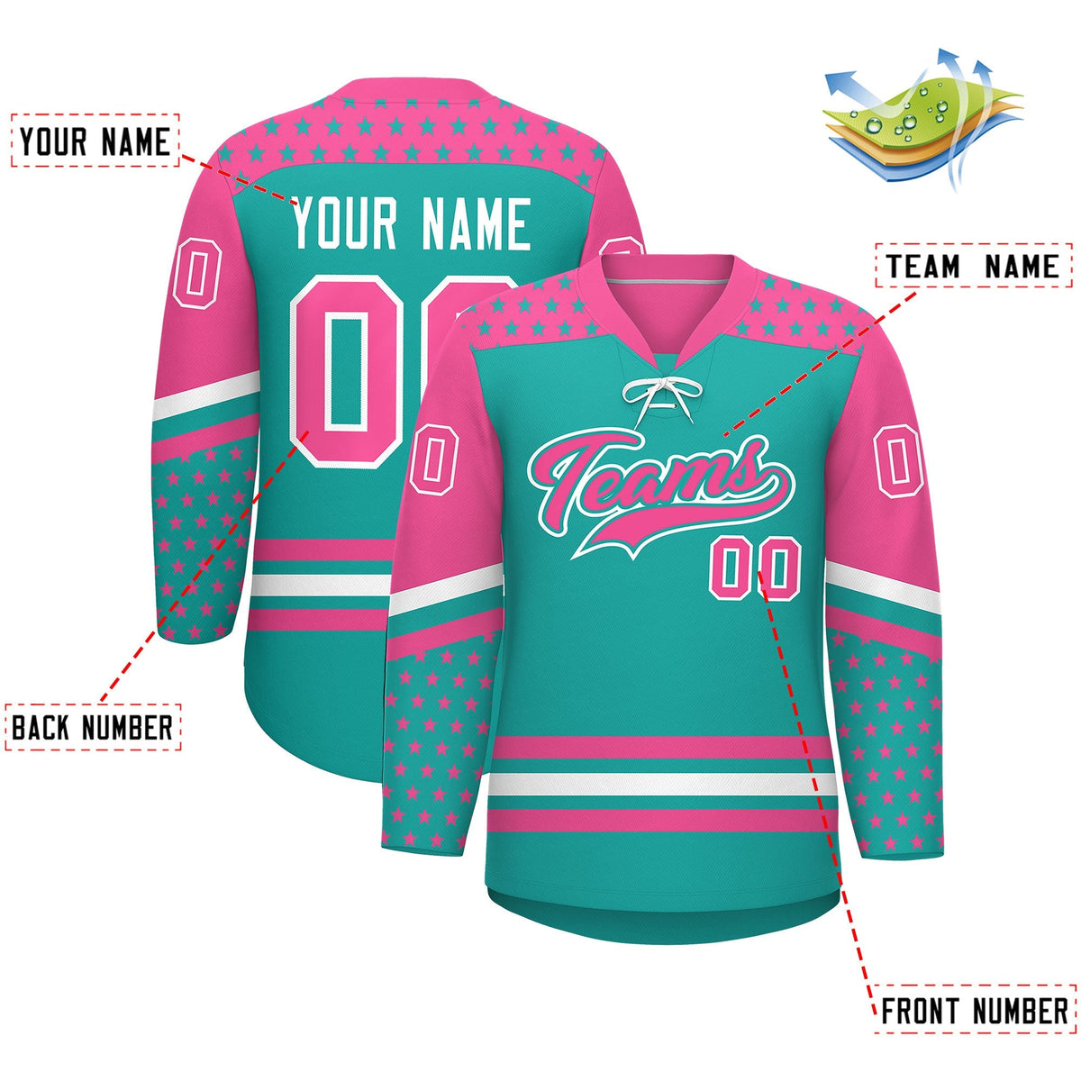 Custom Aqua Pink White Star Series Personalization Lace-Up Neck Hockey Jersey| KXKSHOP