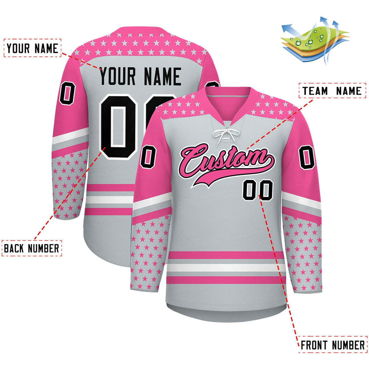 Custom Silver Pink White Star Series Personalization Lace-Up Neck Hockey Jersey| KXKSHOP