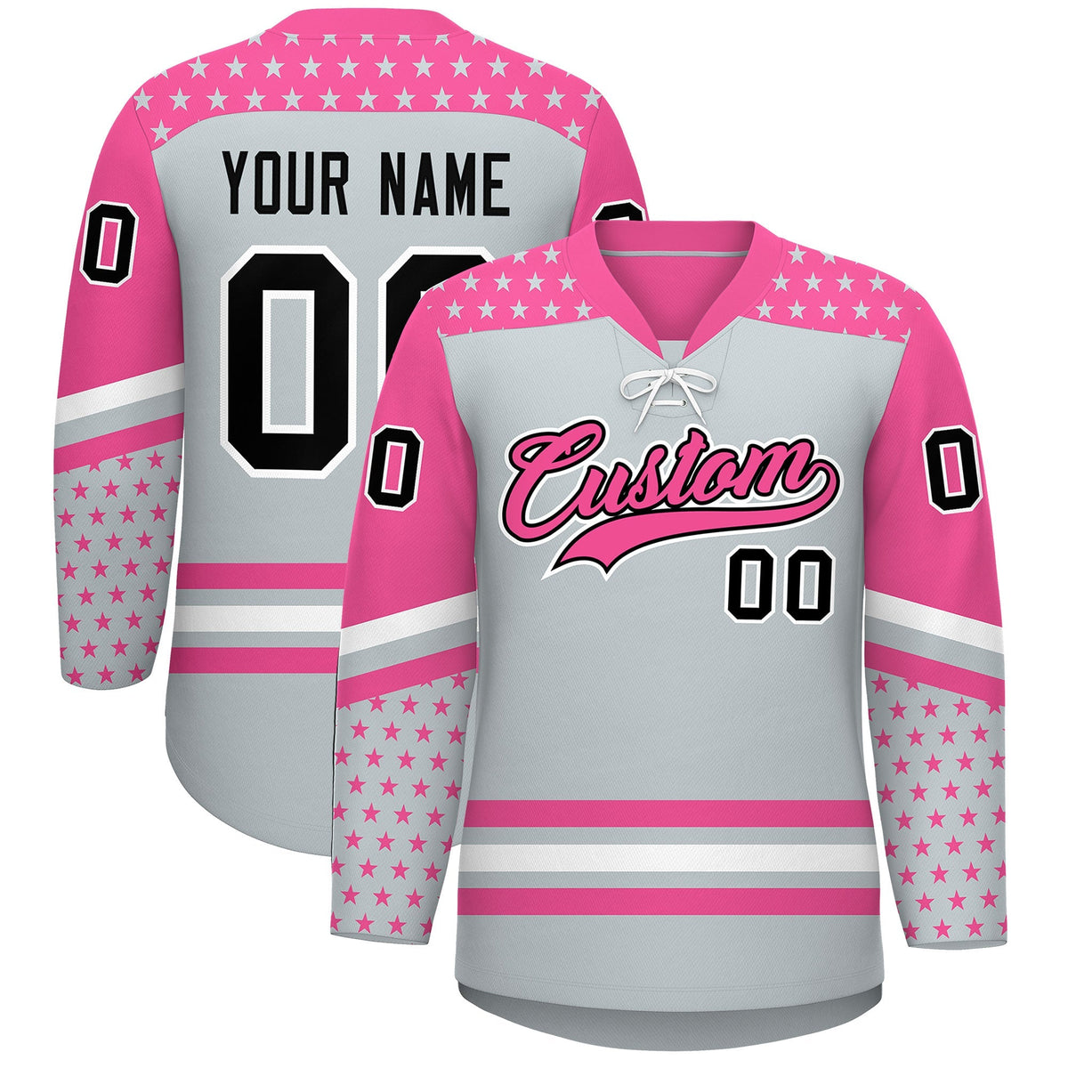 Custom Silver Pink White Star Series Personalization Lace-Up Neck Hockey Jersey| KXKSHOP