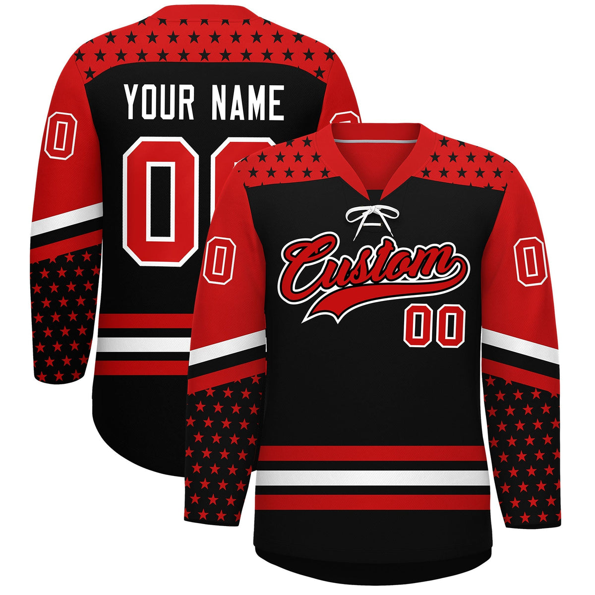 Custom Black Red White Star Series Personalization Lace-Up Neck Hockey Jersey| KXKSHOP