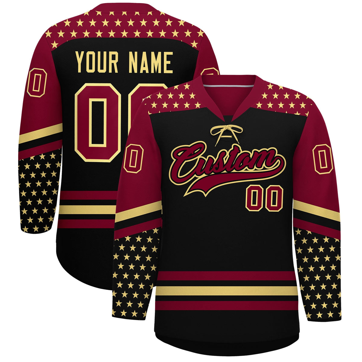 Custom Black Crimson Khaki Star Series Personalization Lace-Up Neck Hockey Jersey| KXKSHOP