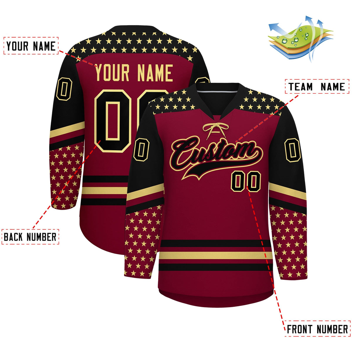 Custom Crimson Black Khaki Star Series Personalization Lace-Up Neck Hockey Jersey| KXKSHOP