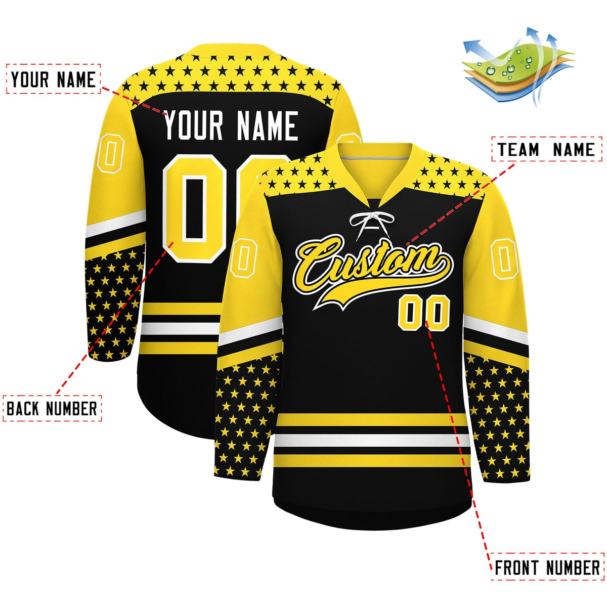 Custom Black Gold White Star Series Personalization Lace-Up Neck Hockey Jersey| KXKSHOP