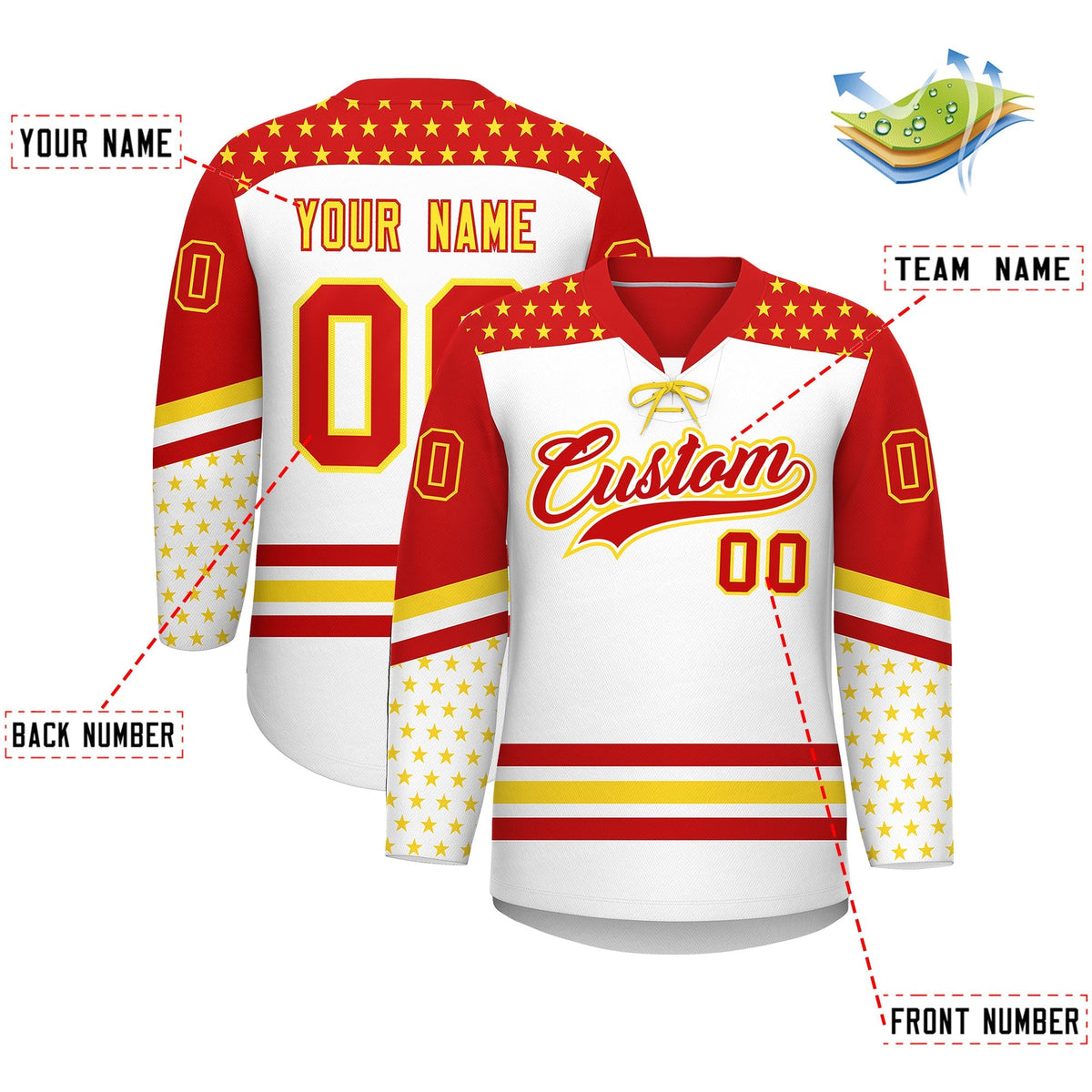 Custom White Red Gold Star Series Personalization Lace-Up Neck Hockey Jersey| KXKSHOP