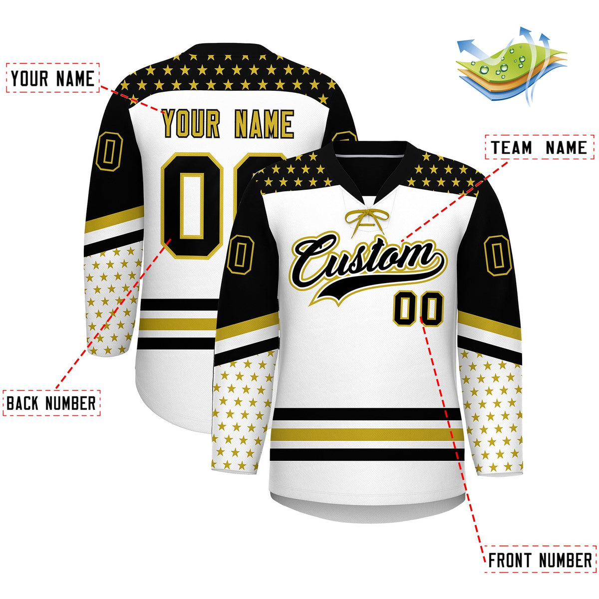 Custom White Black Old Gold Star Series Personalization Lace-Up Neck Hockey Jersey| KXKSHOP