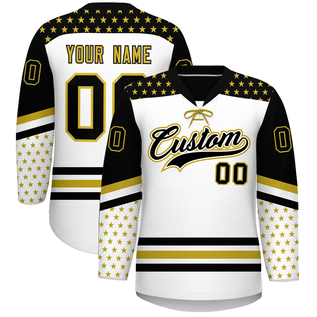 Custom White Black Old Gold Star Series Personalization Lace-Up Neck Hockey Jersey| KXKSHOP