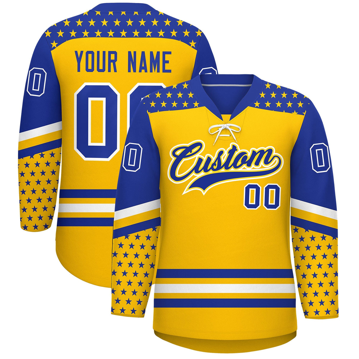 Custom Gold Royal Blue White Star Series Personalization Lace-Up Neck Hockey Jersey| KXKSHOP