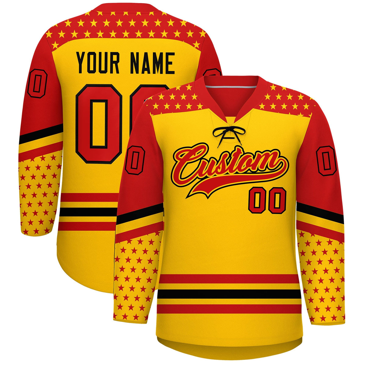 Custom Gold Red Black Star Series Personalization Lace-Up Neck Hockey Jersey| KXKSHOP