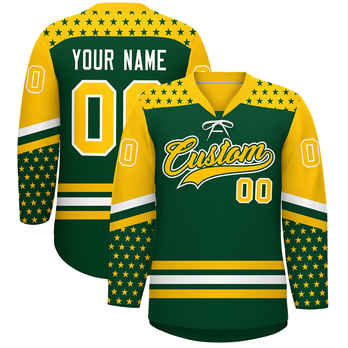 Custom Green Gold White Star Series Personalization Lace-Up Neck Hockey Jersey| KXKSHOP