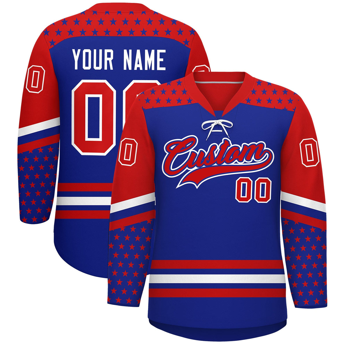 Custom Royal Blue Red White Star Series Personalization Lace-Up Neck Hockey Jersey| KXKSHOP
