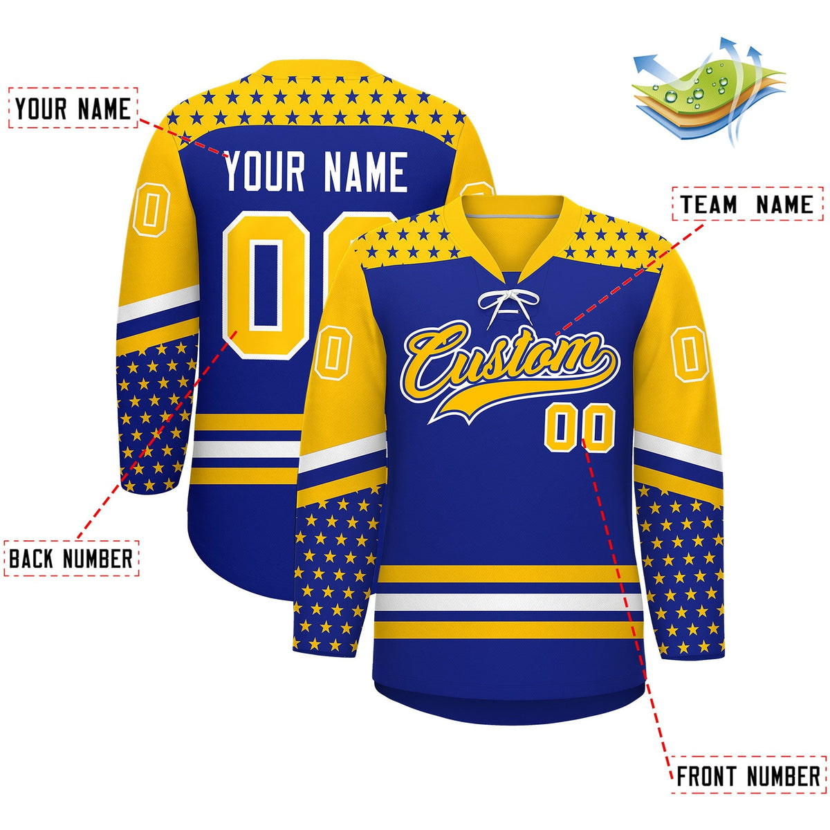 Custom Royal Blue Gold White Star Series Personalization Lace-Up Neck Hockey Jersey| KXKSHOP