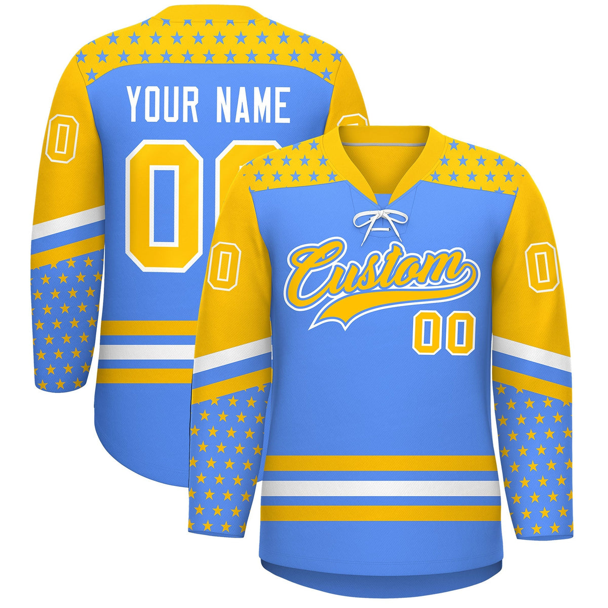 Custom Powder Blue Gold White Star Series Personalization Lace-Up Neck Hockey Jersey| KXKSHOP