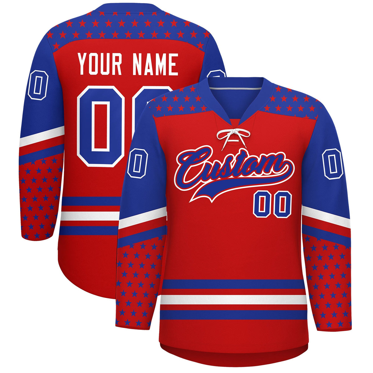Custom Red Royal Blue White Star Series Personalization Lace-Up Neck Hockey Jersey| KXKSHOP