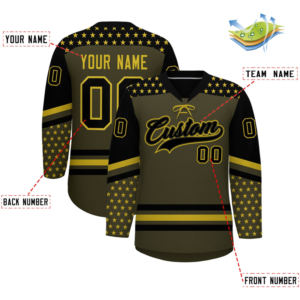 Custom Olive Black Old Gold Star Series Personalization Lace-Up Neck Hockey Jersey| KXKSHOP