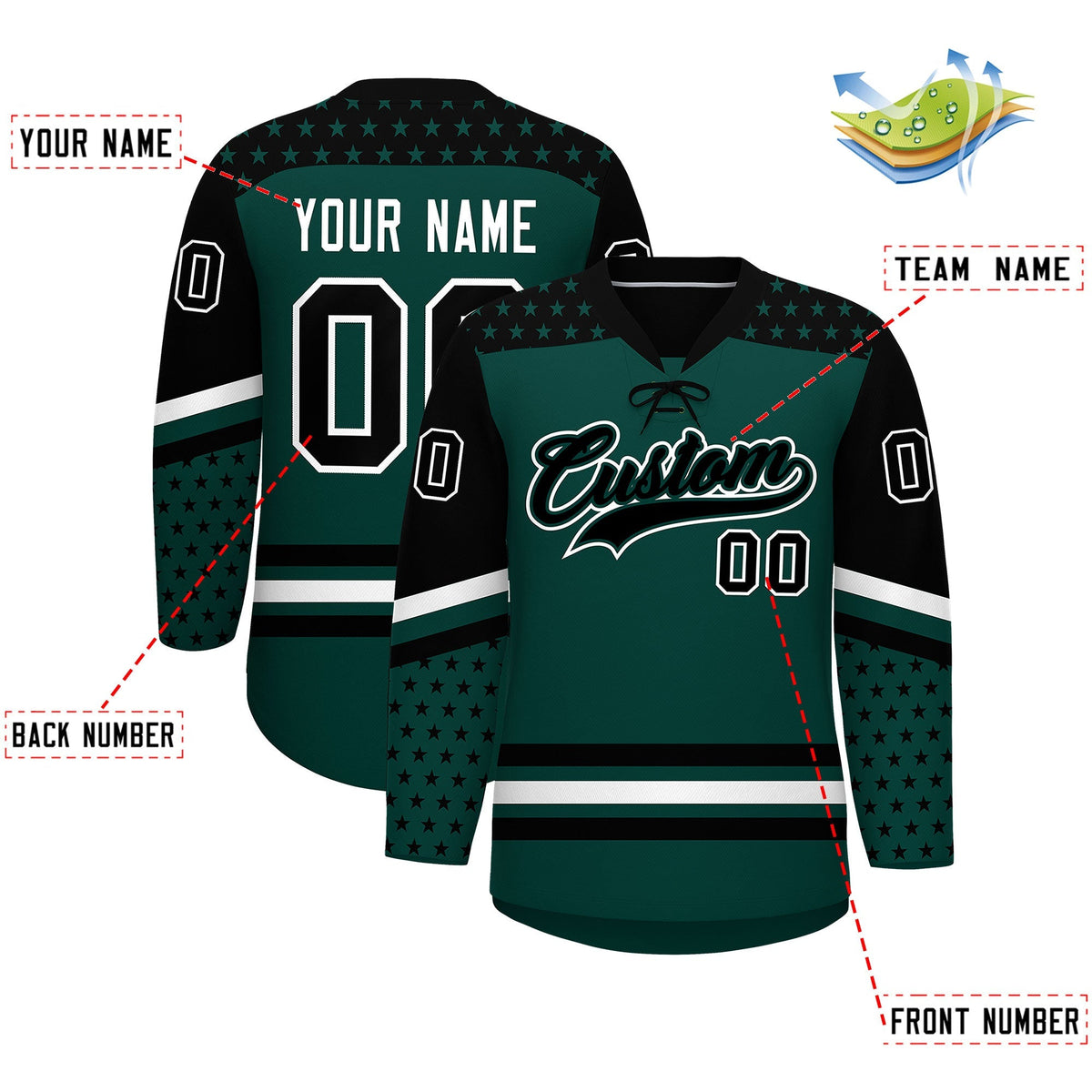 Custom Midnight Green Black White Star Series Personalization Lace-Up Neck Hockey Jersey| KXKSHOP
