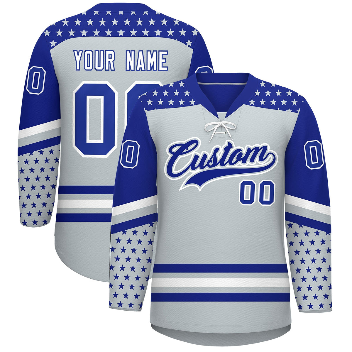 Custom Silver Royal Blue White Star Series Personalization Lace-Up Neck Hockey Jersey| KXKSHOP