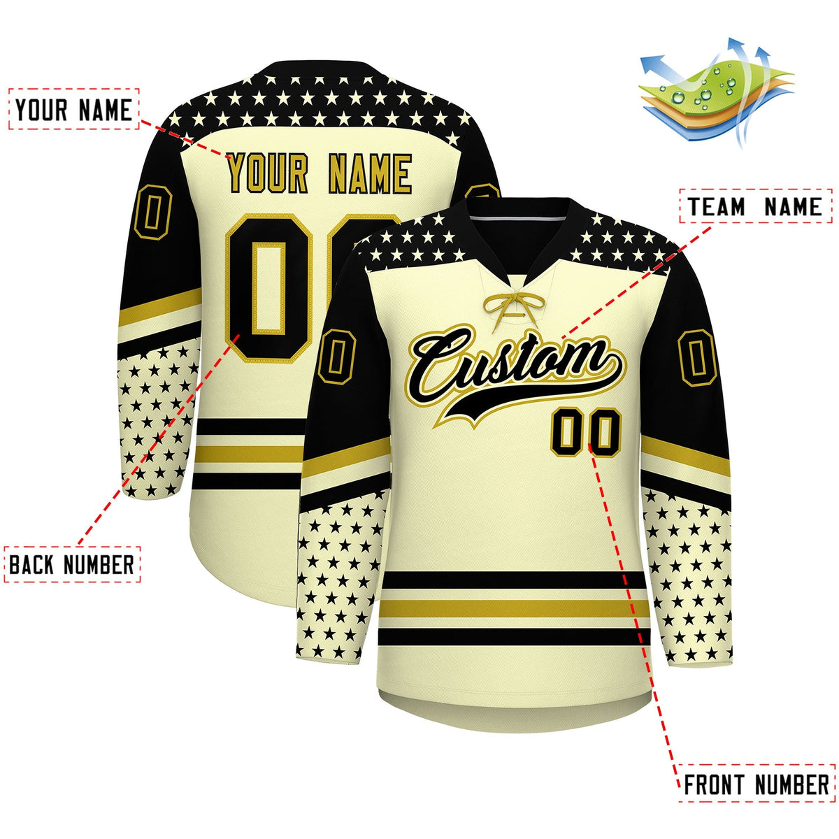 Custom Cream Black Old Gold Star Series Personalization Lace-Up Neck Hockey Jersey| KXKSHOP