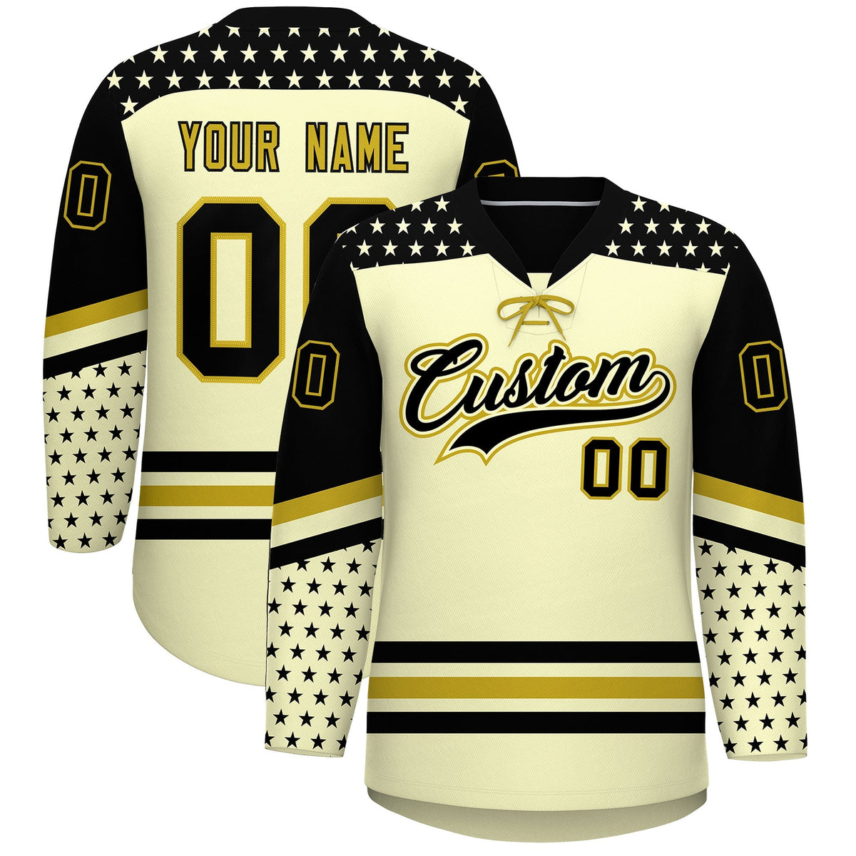Custom Cream Black Old Gold Star Series Personalization Lace-Up Neck Hockey Jersey| KXKSHOP
