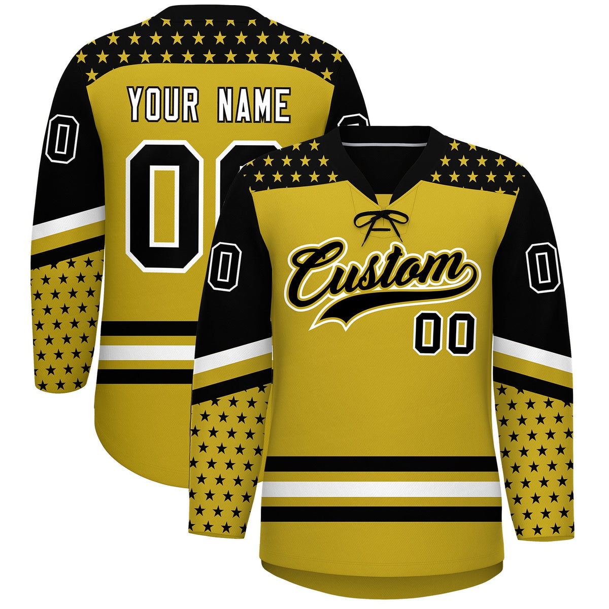 Custom Old Gold Black White Star Series Personalization Lace-Up Neck Hockey Jersey| KXKSHOP