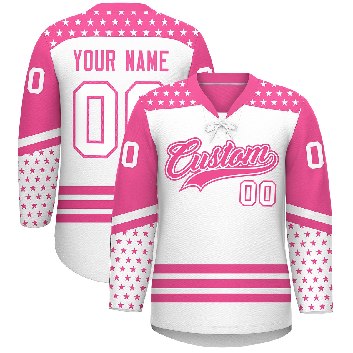 Custom White Pink Star Series Personalization Lace-Up Neck Hockey Jersey| KXKSHOP