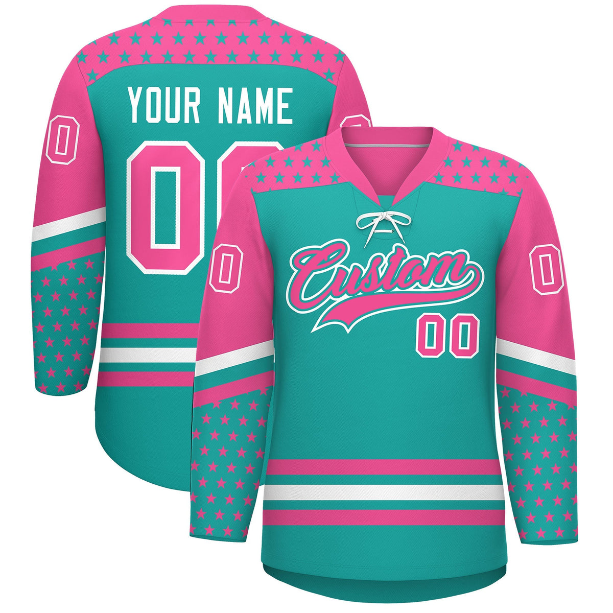 Custom Aqua Pink White Star Series Personalization Lace-Up Neck Hockey Jersey| KXKSHOP